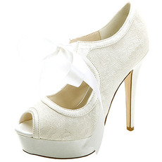 Elegante Spitze High Heel wasserdichte Plattform Damenschuhe Satinbänder Bankett Hochzeitsschuhe Mode Schuhe
