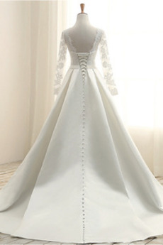 Juwel Lange Strand Bow Illusionshülsen Satiniert Hochzeitskleid