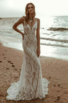Strand Spitze Natürliche Taille Fallen Meerjungfrau Hochzeitskleid