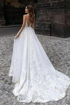 Lange romantische V-Ausschnitt Birne Natürliche Taille Hochzeitskleid