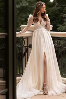 Ausverkauf Romantisch Draussen Tiefer V-Ausschnitt Brautkleid