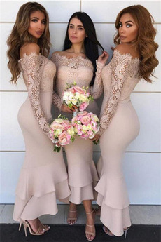Sexy Hochzeit Drapiert Teelänge Tau Schulter Brautjungfernkleid