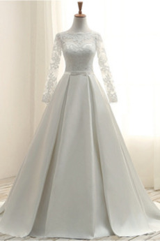 Juwel Lange Strand Bow Illusionshülsen Satiniert Hochzeitskleid