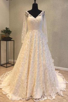 Fallen Natürliche Taille V-Ausschnitt Illusionshülsen Hochzeitskleid
