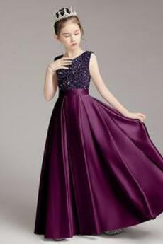 Ausverkauf Natürliche Taille Bodenlänge Juwel Blumenmädchen kleid