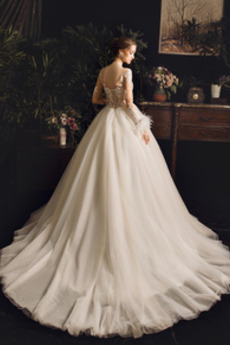 Natürliche Taille Schöne Illusionshülsen Gericht Zug Hochzeitskleid