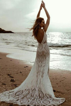 Strand Spitze Natürliche Taille Fallen Meerjungfrau Hochzeitskleid