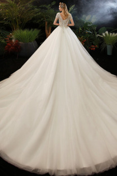 Kurze Ärmel Kathedrale Zug Bördeln Schnüren Mehrschichtig Brautkleid