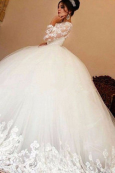 Elegante Fegen zug Natürliche Taille Spitzenüberlagerung Hochzeitskleid