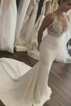 Spitzenüberlagerung V-Ausschnitt Romantisch Lange Brautkleid