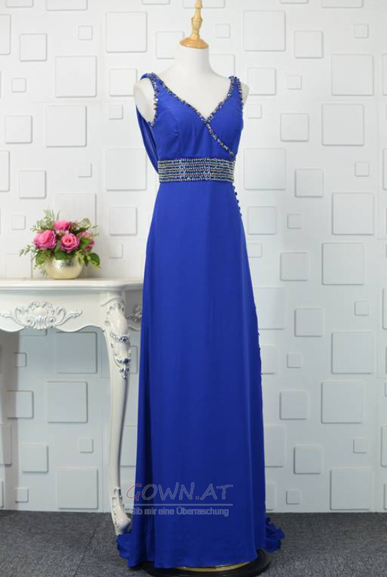 V-Ausschnitt Natürliche Taille Übergröße Perlengürtel Blaue Abendkleid
